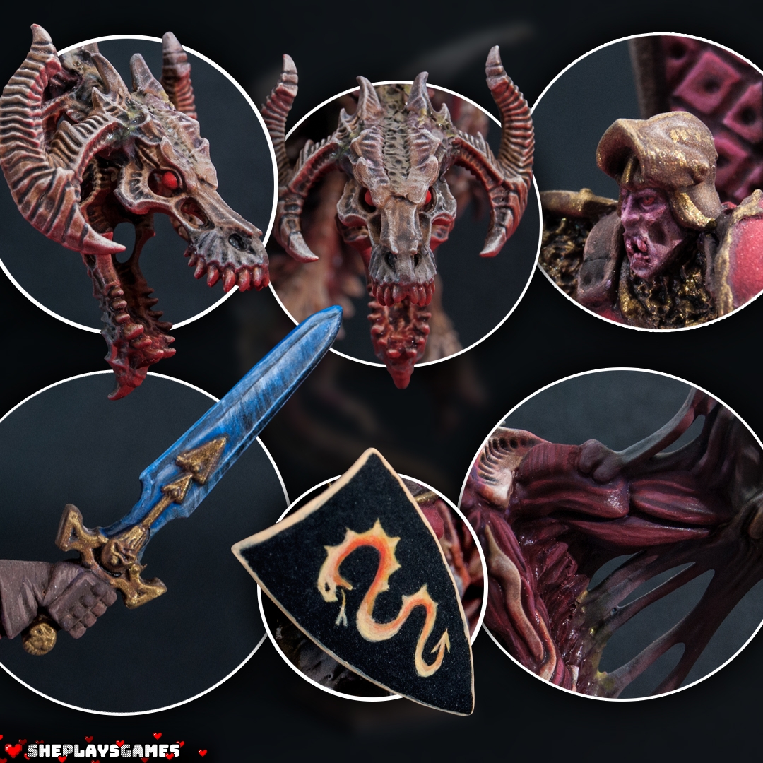 Details of whole model. Sword with no metalic metal, shield with serpent freehand, skull dragon head, vampire face.